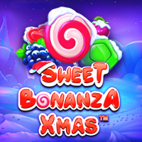 Sweet Bonanza Xmasメイン画面 - 6x5リール、雪化粧したキャンディとマルチプライヤーが特徴のクリスマススロット