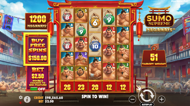 相撲スプリームメガウェイズ：6リール5行の相撲力士が特徴的な高変動性クラスター型スロットのゲーム画面