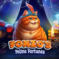 Fonzo's Feline Fortunesメイン画面 - 5x3リール、神秘的な猫とリスピンが特徴の10ラインスロット